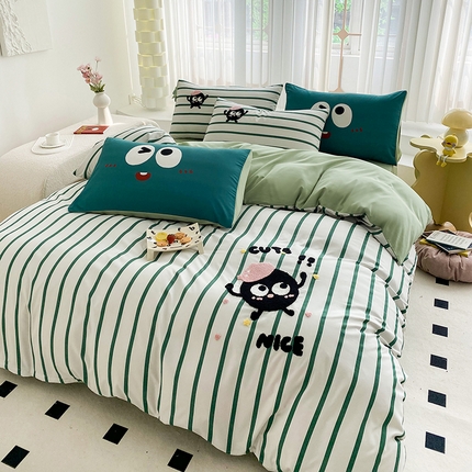 眷恋家纺 2024新款多巴胺水洗棉毛巾绣四件套 煤球-奶油绿