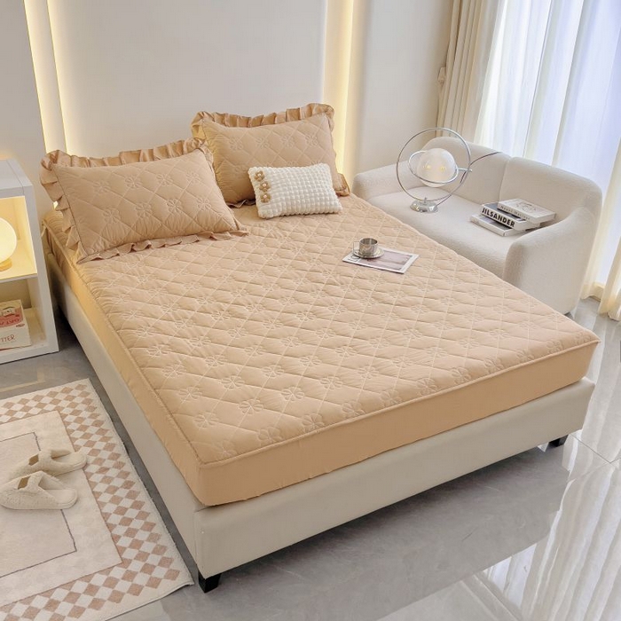 91家纺网 家纺一手货源 找家纺 情煊家纺 2024新款全棉亲肤夹棉纯色床笠 浅驼