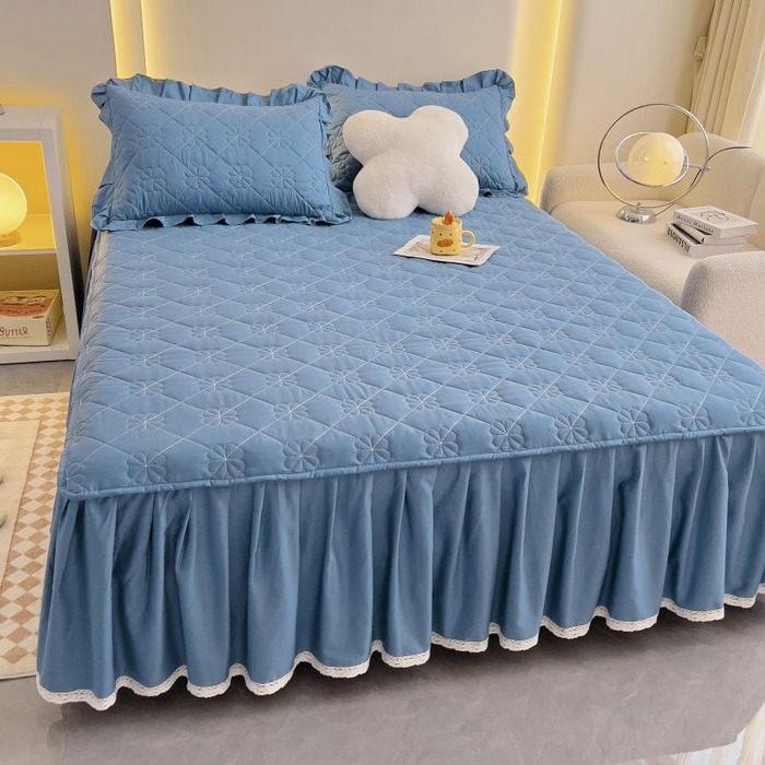 91家纺网 家纺一手货源 找家纺 情煊家纺 2024新款全棉亲肤夹棉纯色床裙 灰蓝