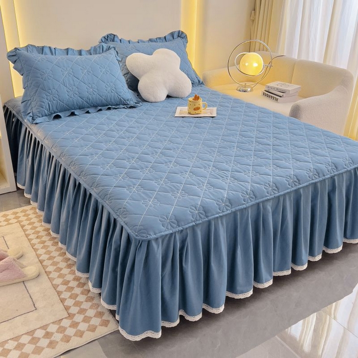 91家纺网 家纺一手货源 找家纺 情煊家纺 2024新款全棉亲肤夹棉纯色床裙 灰蓝