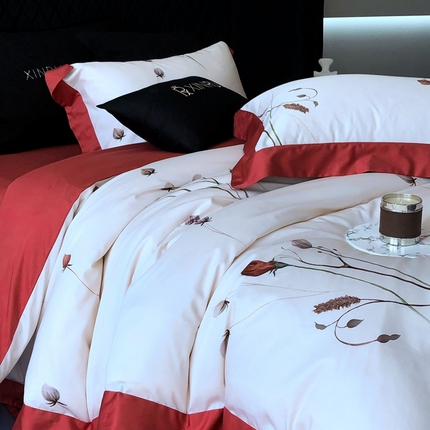 馨蕊2024新款100S高奢简约活性数码印花系列四件套-棉玫瑰佳人 玫瑰佳人-砖红