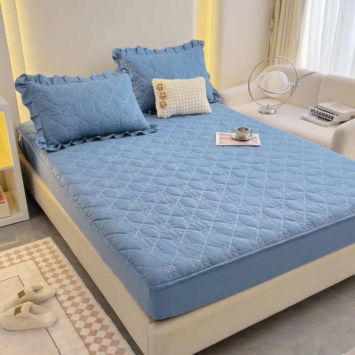 91家纺网 家纺一手货源 找家纺 情煊家纺 2024新款全棉亲肤夹棉纯色床笠 灰蓝