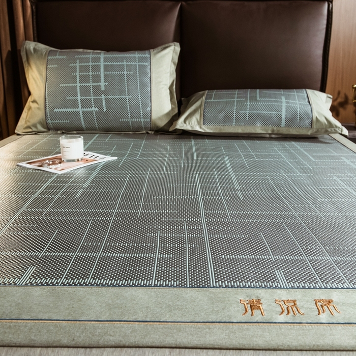 91家纺网 家纺一手货源 找家纺 全季家居 2024新款加厚加密宽边刺绣提花冰藤凉席 时光-水绿（床席款）