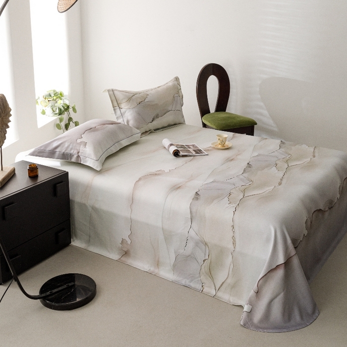 91家纺网 家纺一手货源 找家纺 舒慕家纺 2025新款天丝竹纤维竹语天丝凉席数码印花软凉席床单床笠 烟云-灰