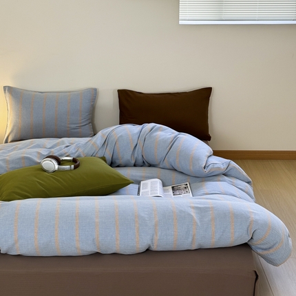 91家纺网 家纺一手货源 找家纺 玛奇朵 2024春夏新品A类全棉小肌理纹提花简约色织条纹四件套-宝格丽系列 宝格丽-蓝驼