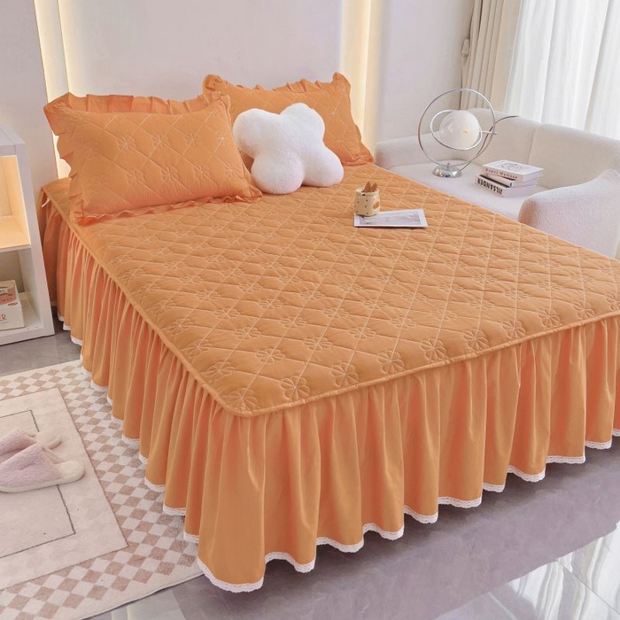 91家纺网 家纺一手货源 找家纺 情煊家纺 2024新款全棉亲肤夹棉纯色床裙 桔色