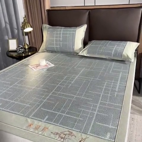 91家纺网 家纺一手货源 找家纺 全季家居 2024新款加厚加密宽边刺绣提花冰藤凉席 时光-水绿（床席款）