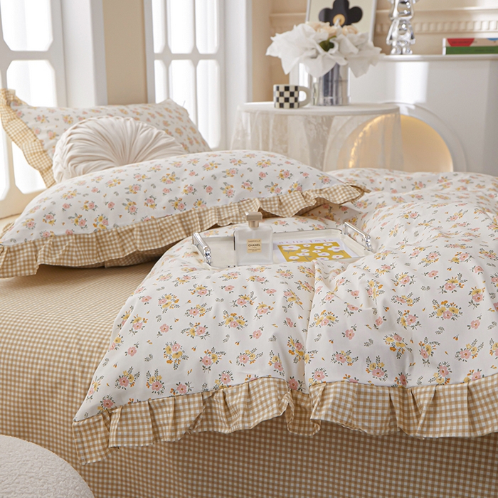 91家纺网 家纺一手货源 找家纺 一米阳光 2024新款2月全棉花边款四件套 萱花