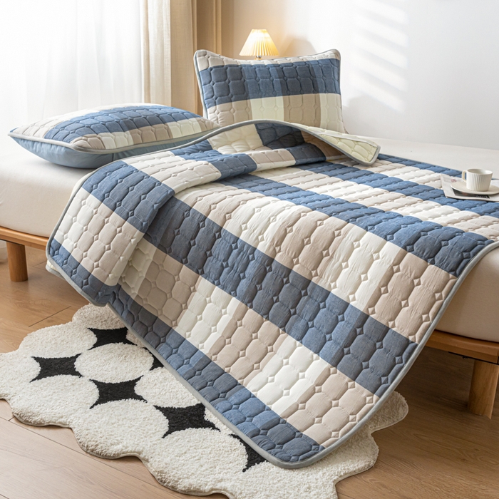 91家纺网 家纺一手货源 找家纺 鑫钰 2024水洗棉床护垫-简格 简格-蓝大格