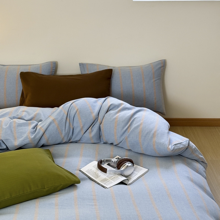 91家纺网 家纺一手货源 找家纺 玛奇朵 2024春夏新品A类全棉小肌理纹提花简约色织条纹四件套-宝格丽系列 宝格丽-蓝驼