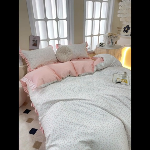 91家纺网 家纺一手货源 找家纺 一米阳光 2024新款2月全棉花边款四件套 云溪-粉