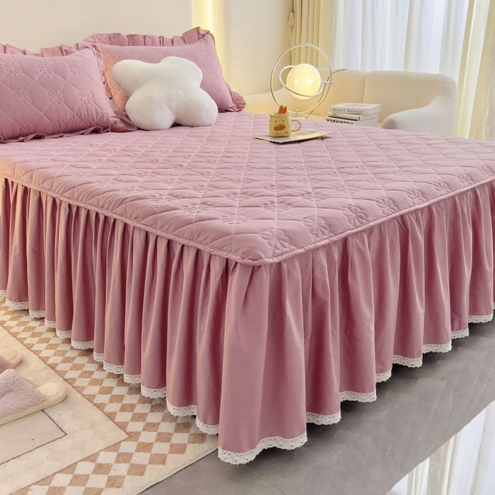 91家纺网 家纺一手货源 找家纺 情煊家纺 2024新款全棉亲肤夹棉纯色床裙 豆沙