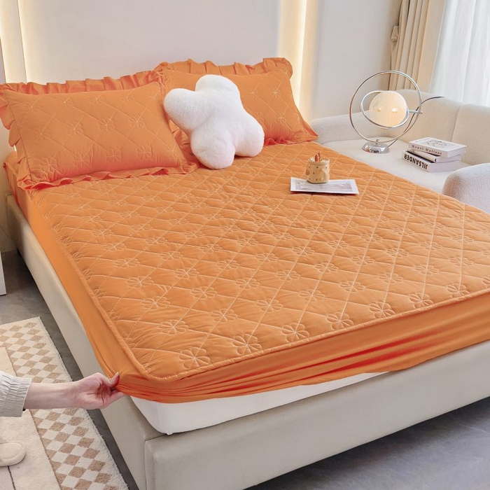 91家纺网 家纺一手货源 找家纺 情煊家纺 2024新款全棉亲肤夹棉纯色床笠 桔色