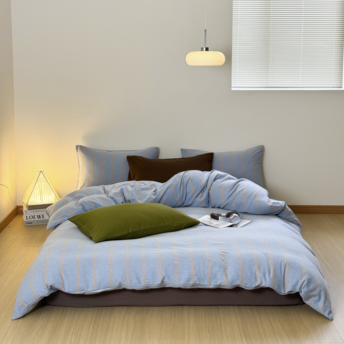 91家纺网 家纺一手货源 找家纺 玛奇朵 2024春夏新品A类全棉小肌理纹提花简约色织条纹四件套-宝格丽系列 宝格丽-蓝驼