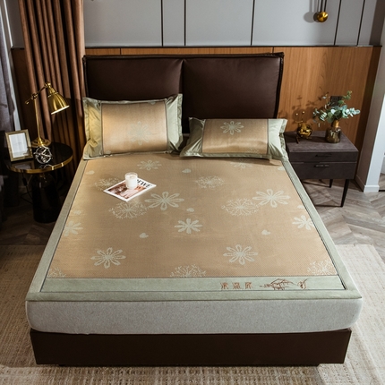 91家纺网 家纺一手货源 找家纺 全季家居 2024新款加厚加密宽边刺绣提花冰藤凉席 飘雪-娇黄（床席款）