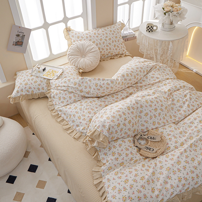 91家纺网 家纺一手货源 找家纺 一米阳光 2024新款2月全棉花边款四件套 萱花