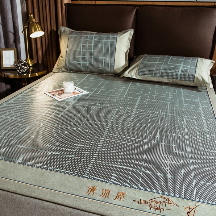 91家纺网 家纺一手货源 找家纺 全季家居 2024新款加厚加密宽边刺绣提花冰藤凉席 时光-水绿（床席款）