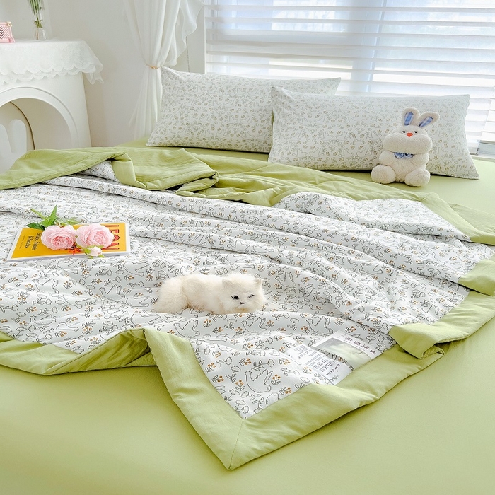 91家纺网 家纺一手货源 找家纺 梵克保罗 2024新款棉麻夏被五件套含抱枕套 爱情鸟