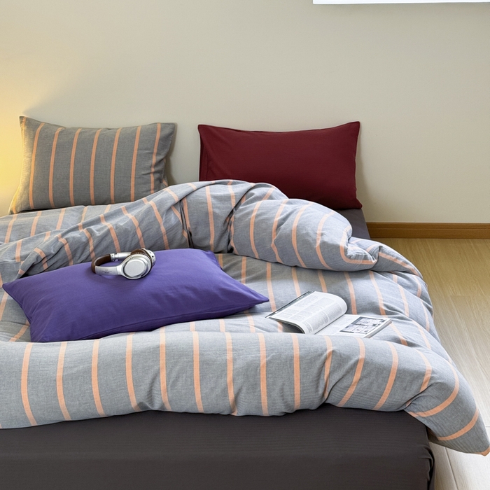 91家纺网 家纺一手货源 找家纺 玛奇朵 2024春夏新品A类全棉小肌理纹提花简约色织条纹四件套-宝格丽系列 宝格丽-橘灰