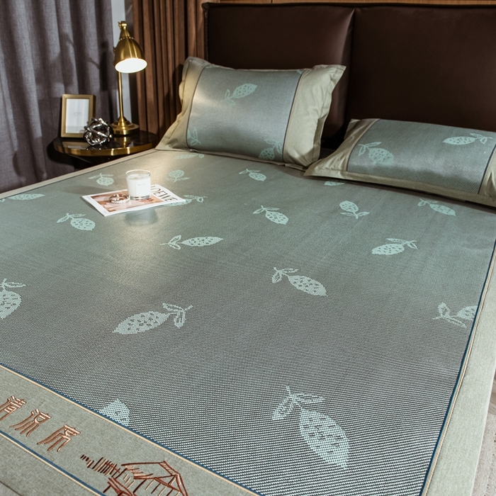 91家纺网 家纺一手货源 找家纺 全季家居 2024新款加厚加密宽边刺绣提花冰藤凉席 秋叶-水绿（床席款）