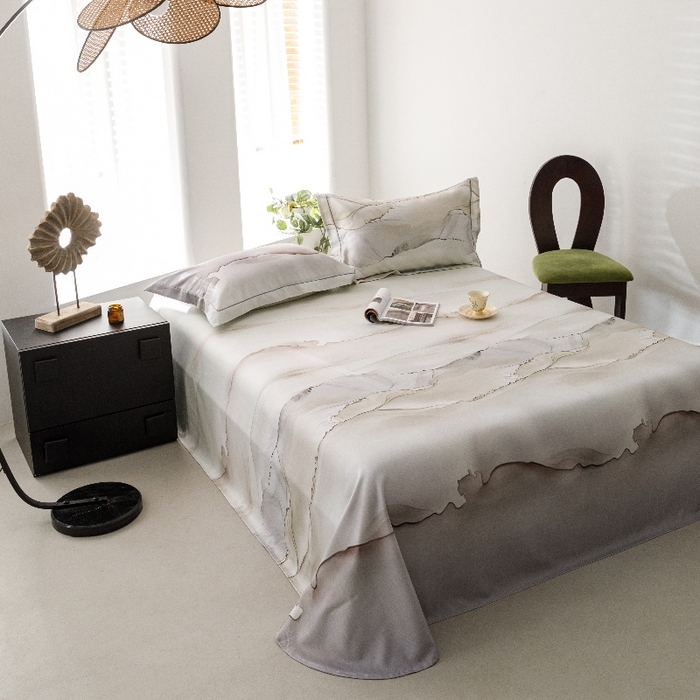 91家纺网 家纺一手货源 找家纺 舒慕家纺 2025新款天丝竹纤维竹语天丝凉席数码印花软凉席床单床笠 烟云-灰