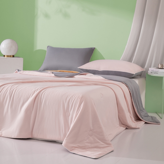 91家纺网 家纺一手货源 找家纺 吾诺家居 2024新款针织棉双拼色大豆夏被 浅粉-岩灰