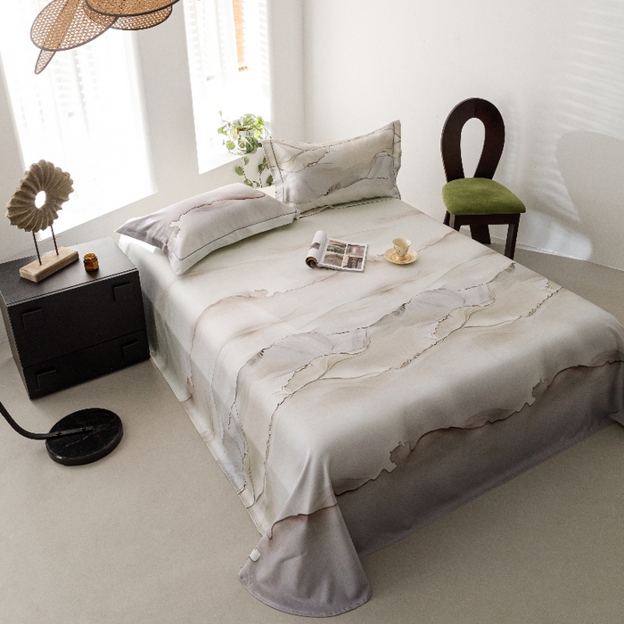 91家纺网 家纺一手货源 找家纺 舒慕家纺 2025新款天丝竹纤维竹语天丝凉席数码印花软凉席床单床笠 烟云-灰