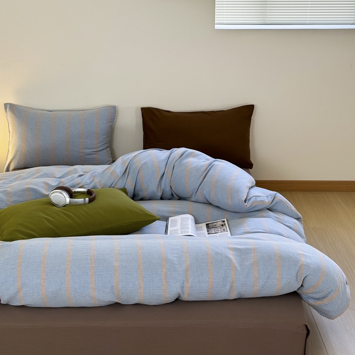 91家纺网 家纺一手货源 找家纺 玛奇朵 2024春夏新品A类全棉小肌理纹提花简约色织条纹四件套-宝格丽系列 宝格丽-蓝驼