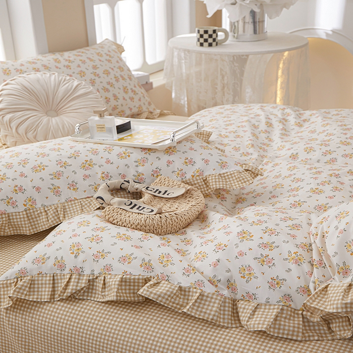 91家纺网 家纺一手货源 找家纺 一米阳光 2024新款2月全棉花边款四件套 萱花