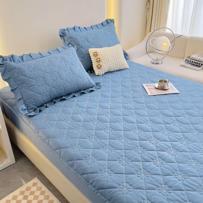 91家纺网 家纺一手货源 找家纺 情煊家纺 2024新款全棉亲肤夹棉纯色床笠 灰蓝