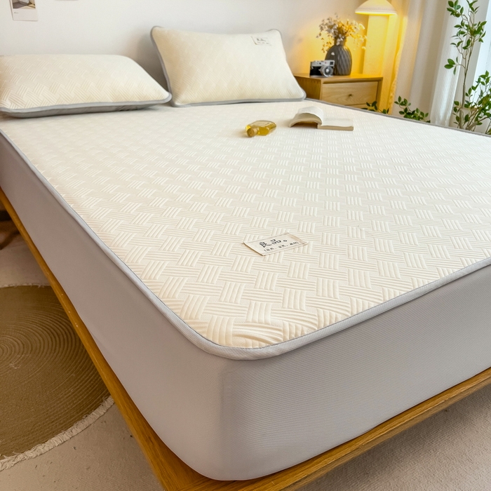 91家纺网 家纺一手货源 找家纺 丝羽坊 2025新款PE凉感450克A类华夫格冰豆豆软凉席-床笠款 饼干花-奶白