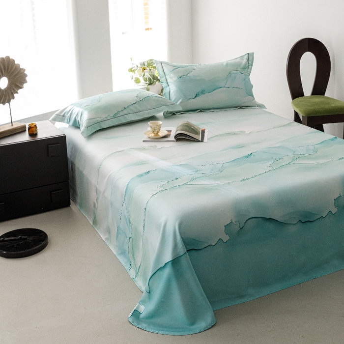 91家纺网 家纺一手货源 找家纺 舒慕家纺 2025新款天丝竹纤维竹语天丝凉席数码印花软凉席床单床笠 烟云-绿