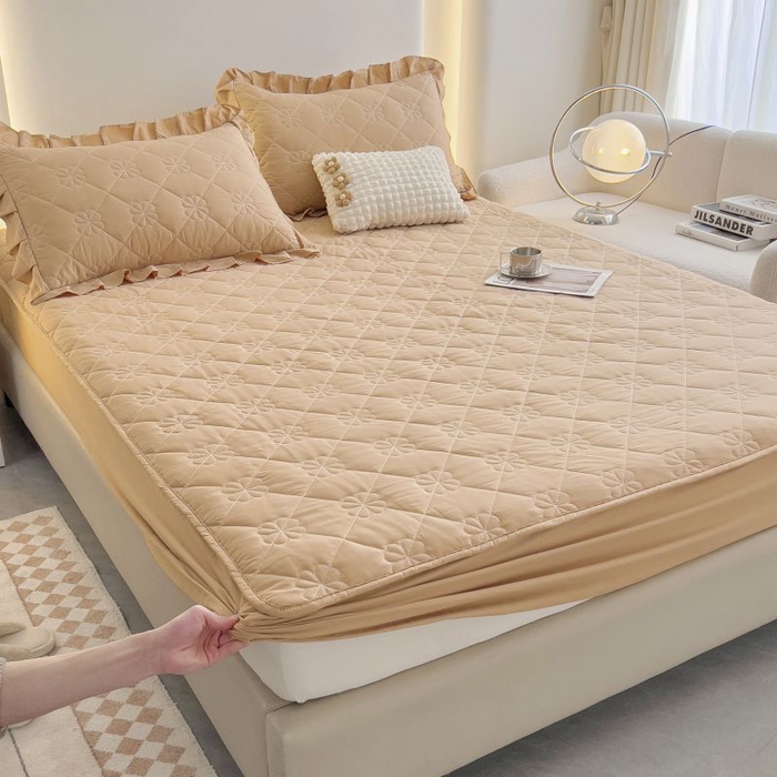 91家纺网 家纺一手货源 找家纺 情煊家纺 2024新款全棉亲肤夹棉纯色床笠 浅驼