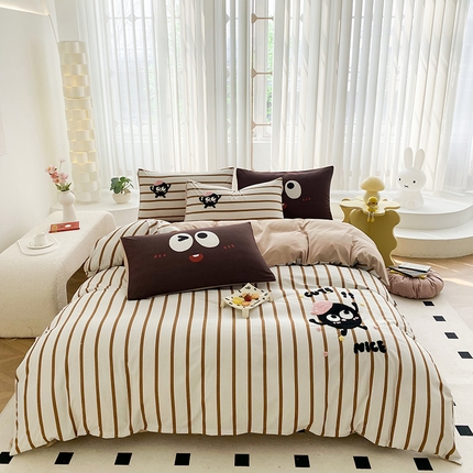 91家纺网 家纺一手货源 找家纺 眷恋家纺 2024新款多巴胺水洗棉毛巾绣四件套 煤球-焦糖咖