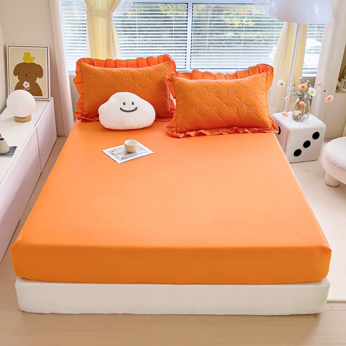 91家纺网 家纺一手货源 找家纺 情煊家纺 2024新款全棉纯色床笠 橘色