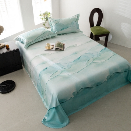 91家纺网 家纺一手货源 找家纺 舒慕家纺 2025新款天丝竹纤维竹语天丝凉席数码印花软凉席床单床笠 烟云-绿