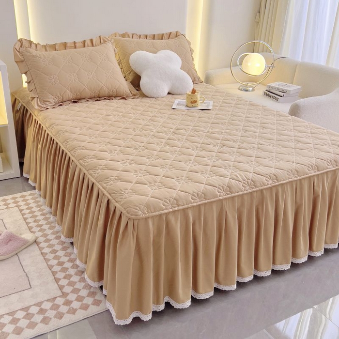 91家纺网 家纺一手货源 找家纺 情煊家纺 2024新款全棉亲肤夹棉纯色床裙 浅驼