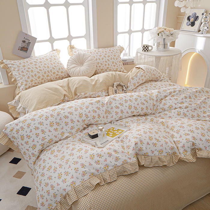 91家纺网 家纺一手货源 找家纺 一米阳光 2024新款2月全棉花边款四件套 萱花