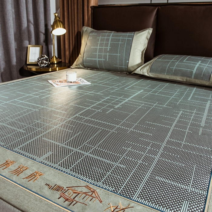 91家纺网 家纺一手货源 找家纺 全季家居 2024新款加厚加密宽边刺绣提花冰藤凉席 时光-水绿（床席款）