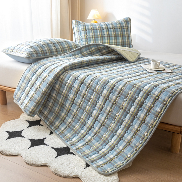 91家纺网 家纺一手货源 找家纺 鑫钰 2024水洗棉床护垫-简格 简格-简希蓝