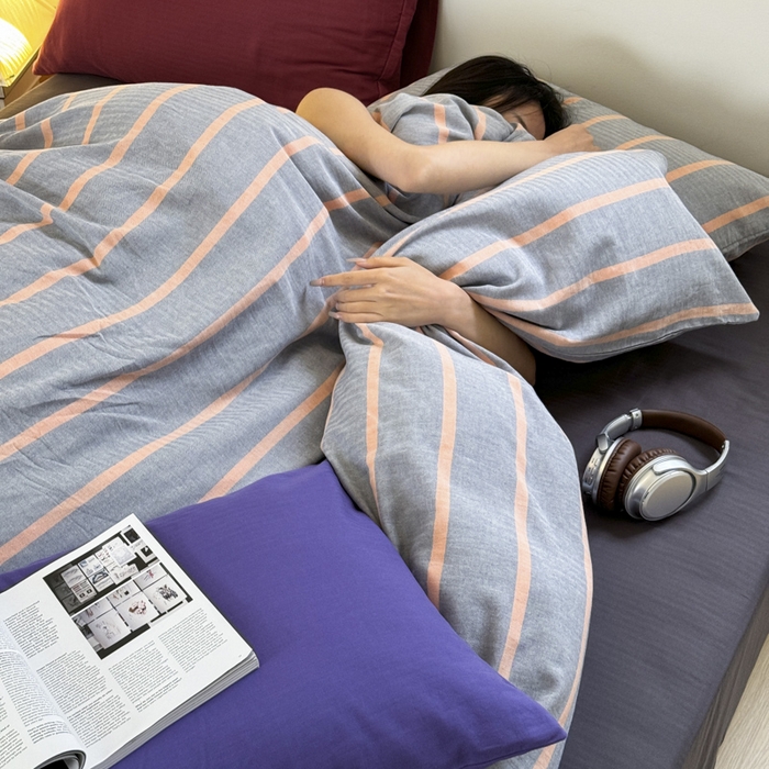 91家纺网 家纺一手货源 找家纺 玛奇朵 2024春夏新品A类全棉小肌理纹提花简约色织条纹四件套-宝格丽系列 宝格丽-橘灰