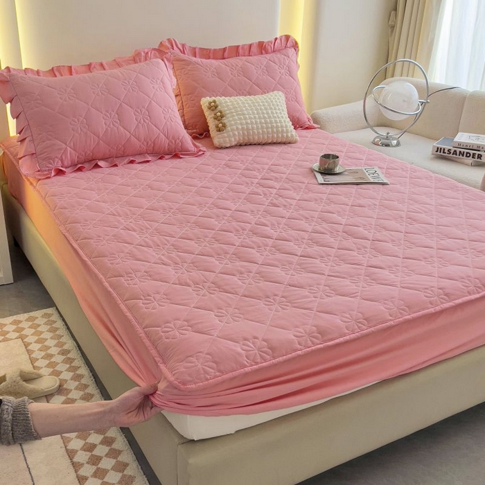 91家纺网 家纺一手货源 找家纺 情煊家纺 2024新款全棉亲肤夹棉纯色床笠 豆沙