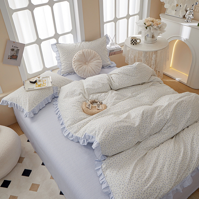 91家纺网 家纺一手货源 找家纺 一米阳光 2024新款2月全棉花边款四件套 云溪-蓝