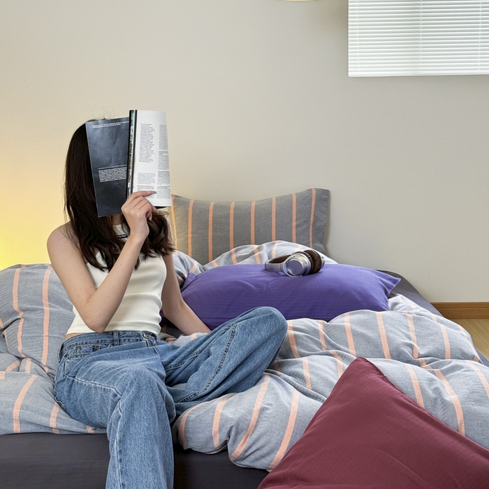 91家纺网 家纺一手货源 找家纺 玛奇朵 2024春夏新品A类全棉小肌理纹提花简约色织条纹四件套-宝格丽系列 宝格丽-橘灰