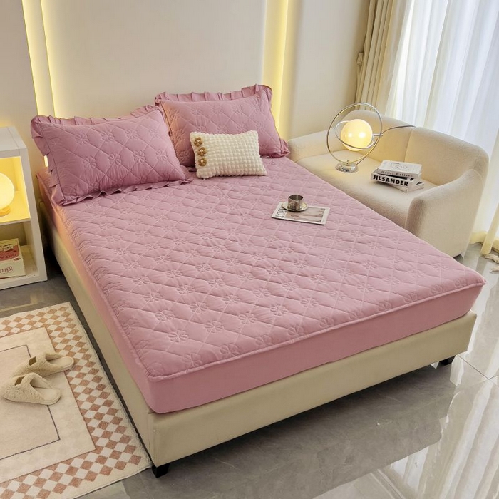 91家纺网 家纺一手货源 找家纺 情煊家纺 2024新款全棉亲肤夹棉纯色床笠 粉玉