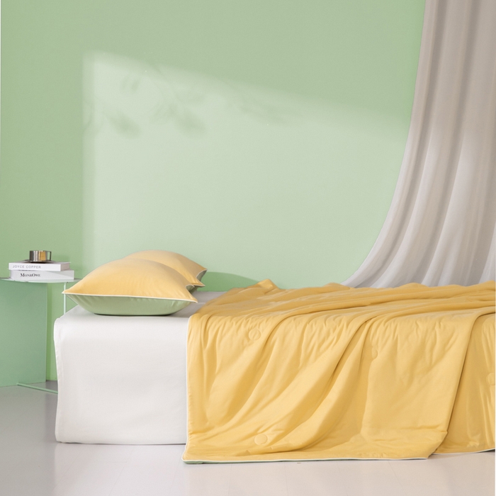 91家纺网 家纺一手货源 找家纺 吾诺家居 2024新款针织棉双拼色大豆夏被 杏黄-豆绿