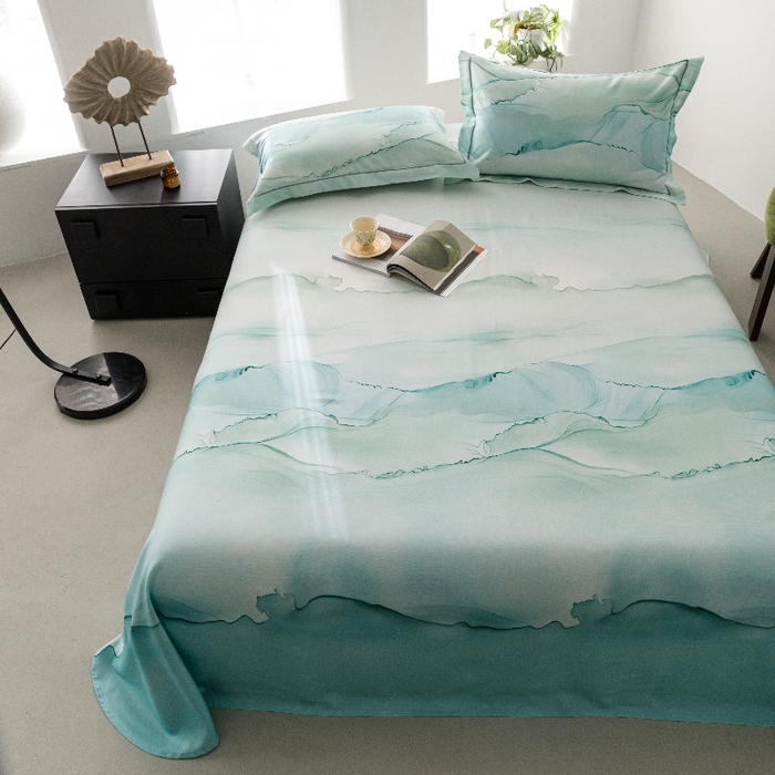 91家纺网 家纺一手货源 找家纺 舒慕家纺 2025新款天丝竹纤维竹语天丝凉席数码印花软凉席床单床笠 烟云-绿