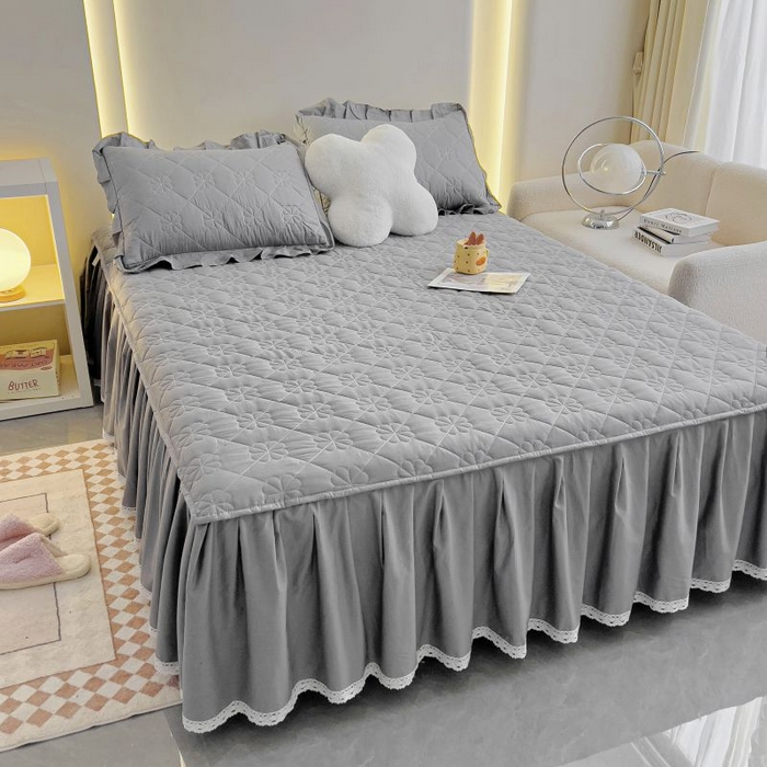 91家纺网 家纺一手货源 找家纺 情煊家纺 2024新款全棉亲肤夹棉纯色床裙 绅士灰