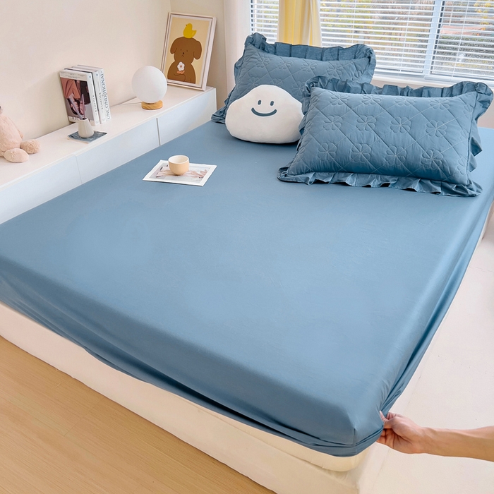 91家纺网 家纺一手货源 找家纺 情煊家纺 2024新款全棉纯色床笠 灰蓝