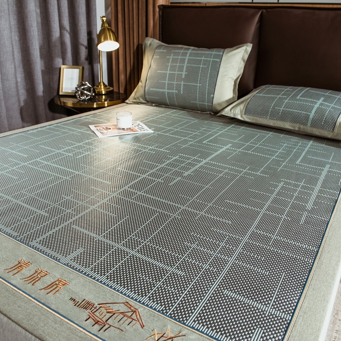 91家纺网 家纺一手货源 找家纺 全季家居 2024新款加厚加密宽边刺绣提花冰藤凉席 时光-水绿（床席款）